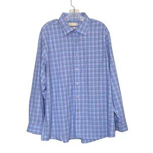 Michael Kors Button Down Shirt Mens 18 34/35 Blue Regular Fit Non Iron Plaid